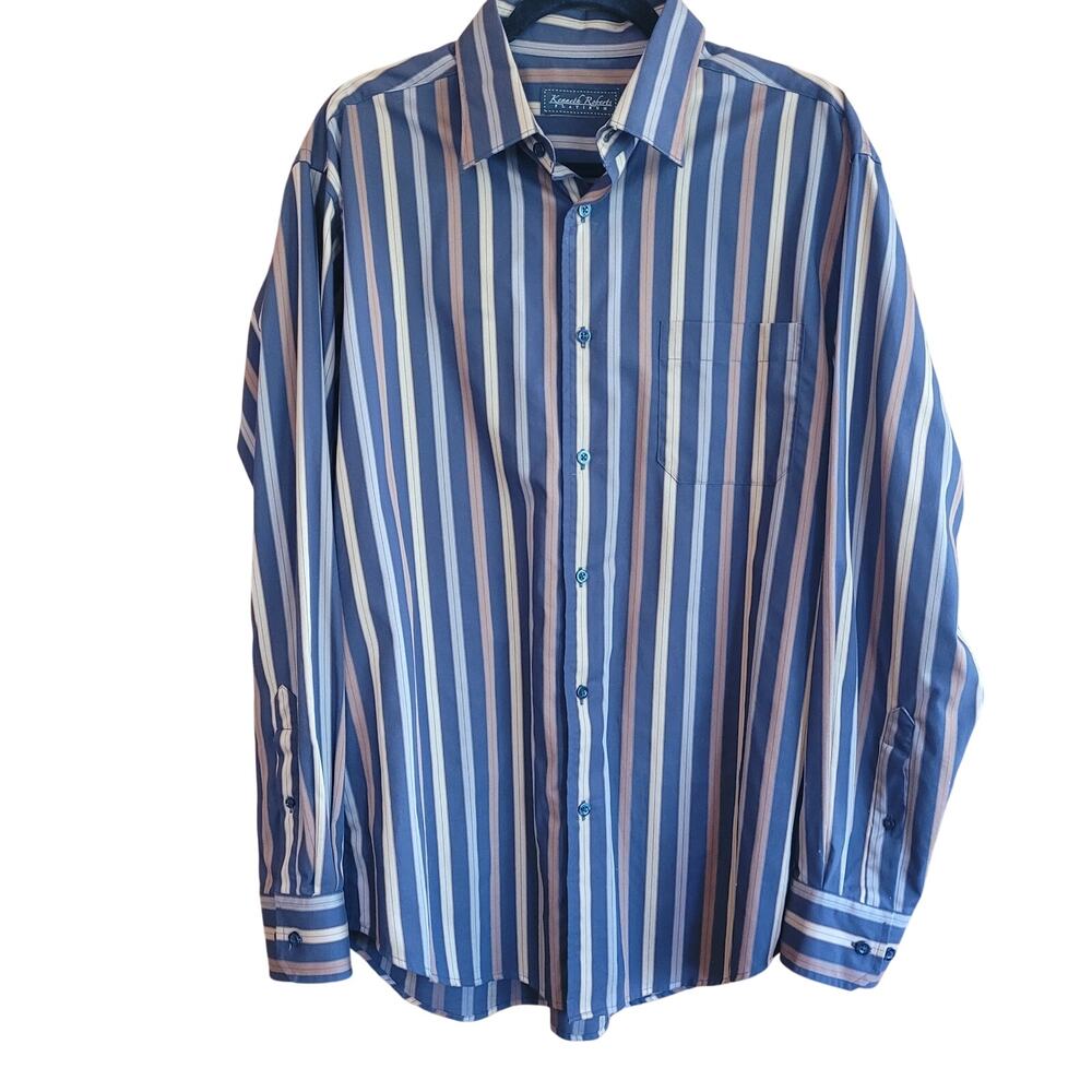 Kenneth Roberts Stripe Button Down Shirt Black Brown Vertical Preppy Classic LG